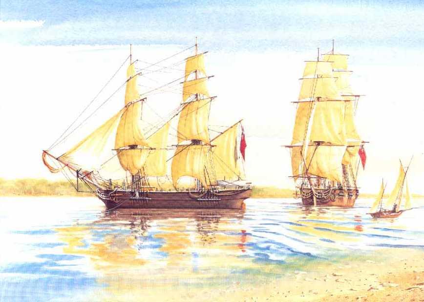 Rapid and the Tam O'Shanter at Gawler Reach, Dec.1836. Painted by John Ford.©