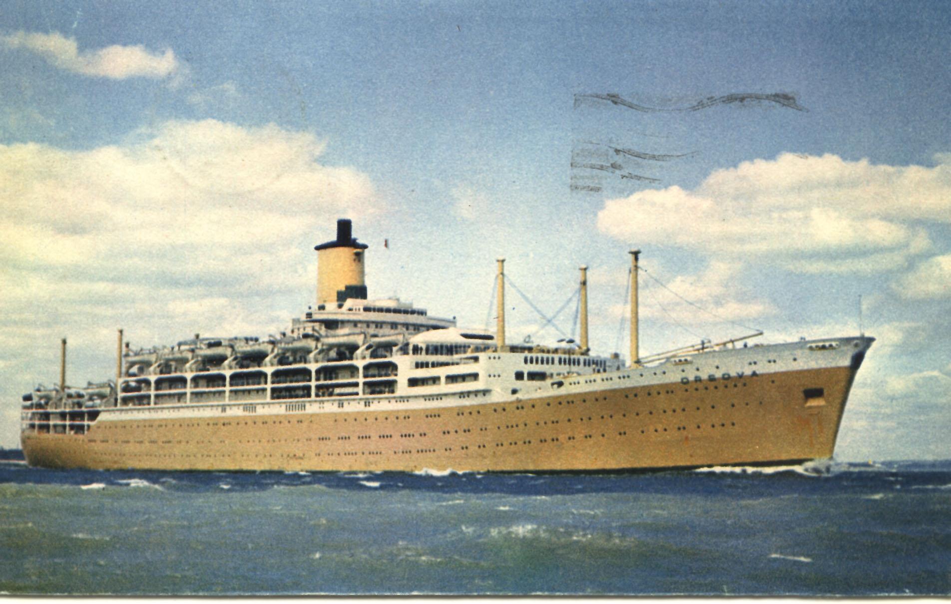 Passenger Vessel "S.S. Orsova", launched on 14 May 1953 by Lady Anderson and completed in February 1954.  Built by Vickers-Armstrongs Ltd - Barrow-In-Furness, England.  She took her inaugural voyage on 17 march 1954 from London to Sydney.
Base Port:  Ini