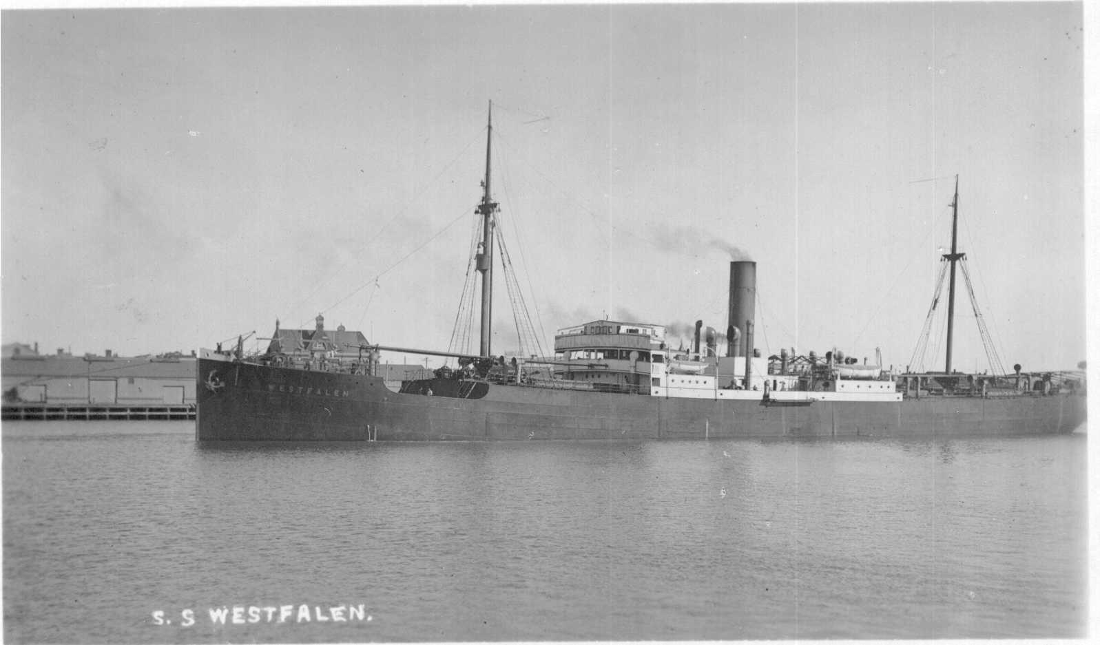 Refrigerated Cargo vessel "Westfalen", built in 1906 by J.C. Tecklenborg A.G. - Geestemünde.  Owned by Norddeutscher Lloyd.
Tonnage:  5665 gross, 3584 net
Dimensions:  length 406'0", breadth 52'7", draught 27'9"
Port Of Registry:  Bremen
Flag:  German