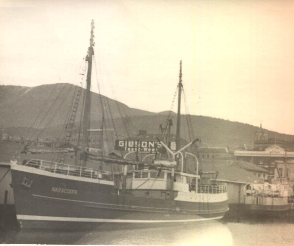 M.V. "Naracoopa", an auxilliary ketch built in 1940 by EA Jack at Launceston.  She was employed in the Bass Strait and Tasmania from 1940 - 1968 owned by the Transport Commission (Govt of Tasmania).  She sank in South Australia.
Tonnage:  297 gross, 198 