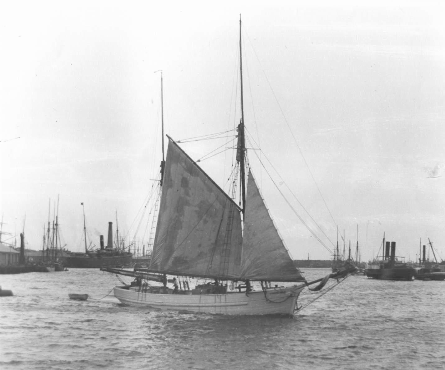 Ketch "Florence Maud", a wooden 2 masted vessel built in 1887 by Thomas Bennet, Snr, at Swan Point, River Tamar, Tas.  In February 1900 she was first registered at Port Adelaide by W.J. Spells & R. Fricker.  In 1920 she was registered to G. Anderson and i
