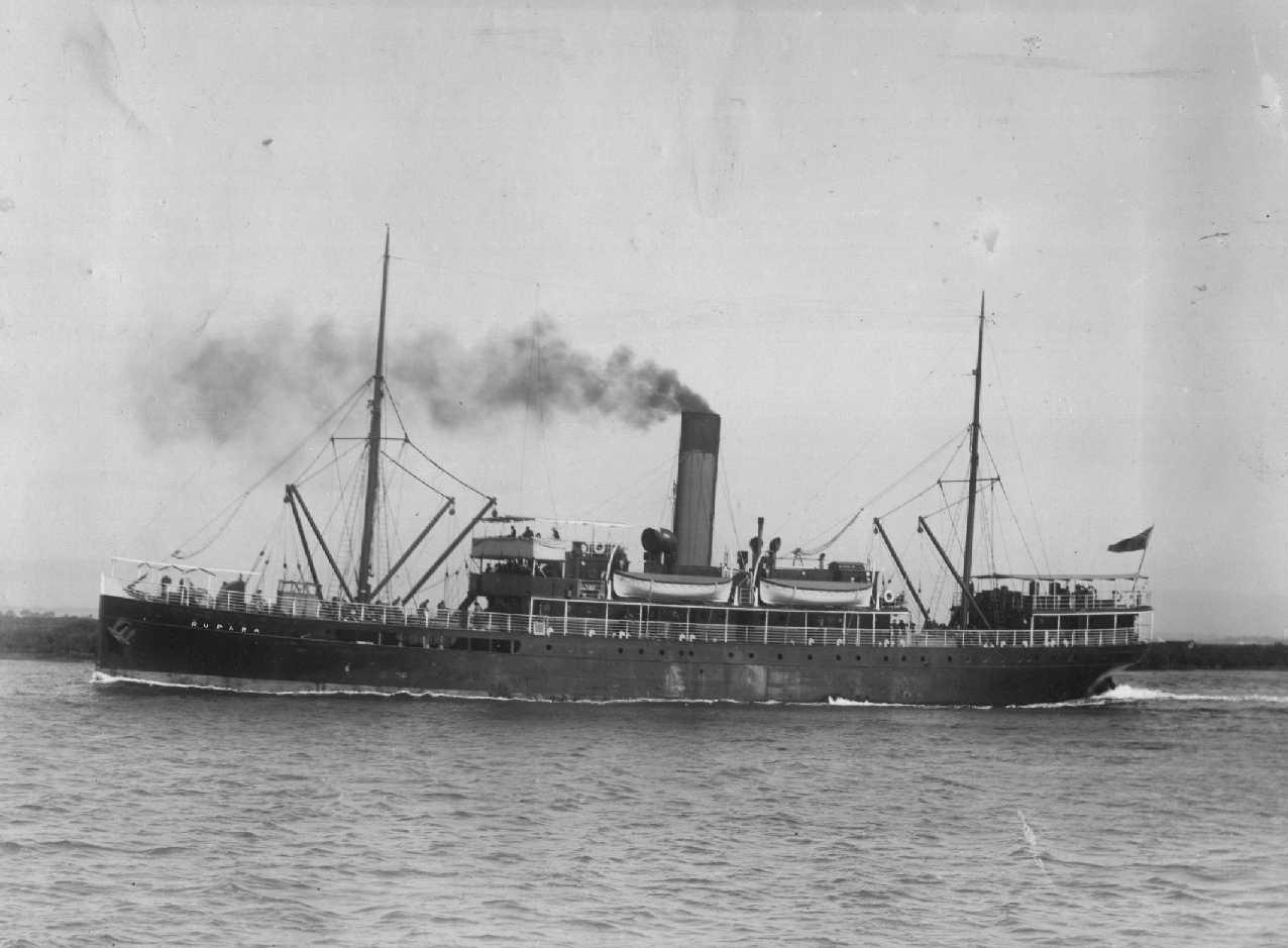 Passenger vessel "Rupara", single screw steamer built in 1906 by Hawthorn Leslie Ltd - Newcastle-On-Tyne.  Owned by Adelaide Steamship Co from 1906 to 1919, when on 19 - 11 - 1919 she was sold to H.M. Nemazee of Hong Kong, and in 1922 to Manila Owners.  I