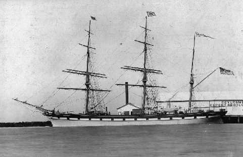 Barque "Myrtle Holme", built in 1875 at Sunderland by Bartram Hastwell & Co.  Began as a full rigged iron ship, later became a barque.  A unit of the famous Holme line.  She was sold into Norway in 1908 and renamed "Glint".  Under that name she was torped