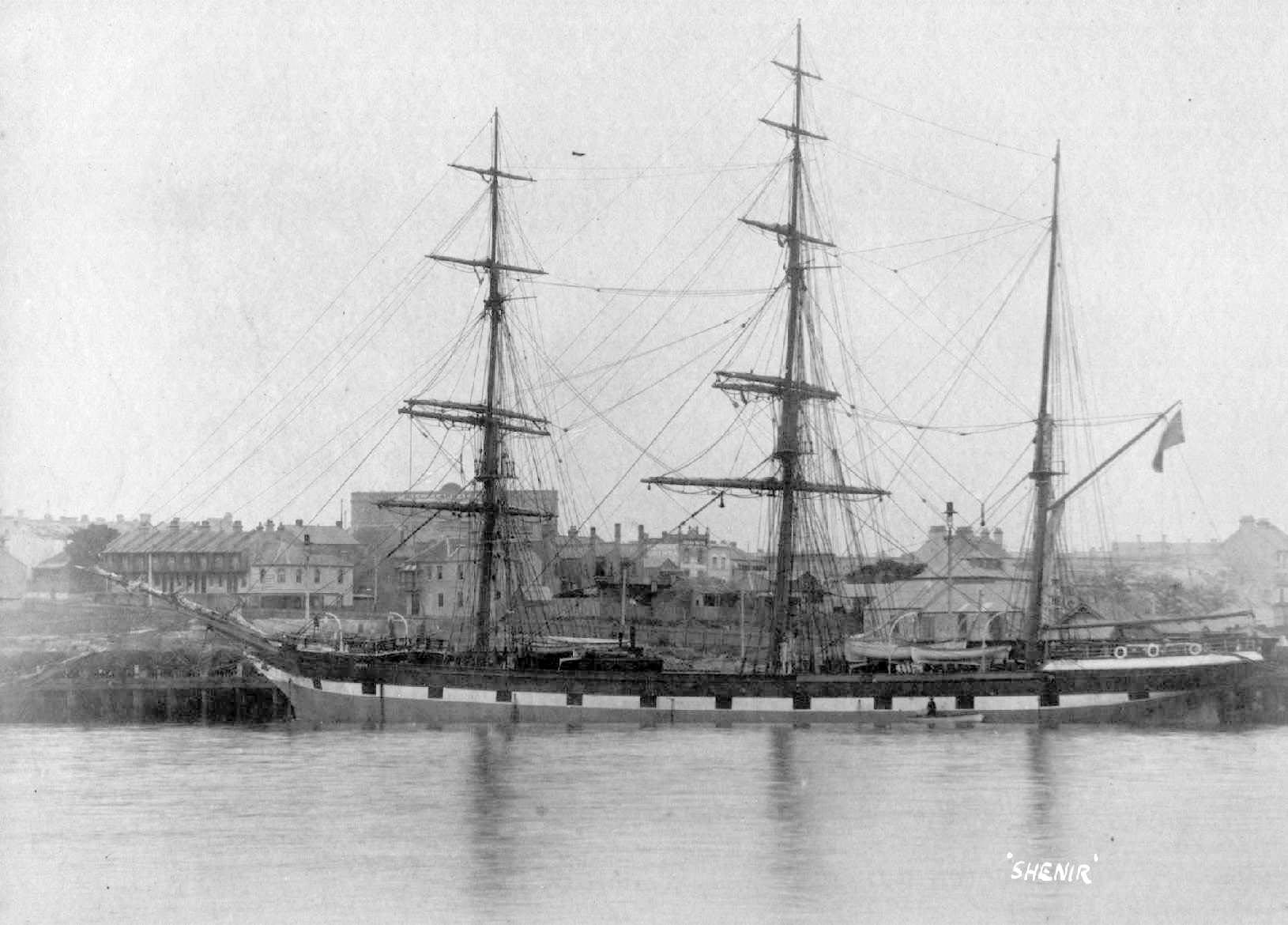 Barque "Shenir", built in 1876 at Glasgow by A Stephen & sons.
Official Number:  3686
Tonnage:  1229 gross
Dimensions:  length 226', breadth 35', draught 21'
Captain:  Capt. Shepherd