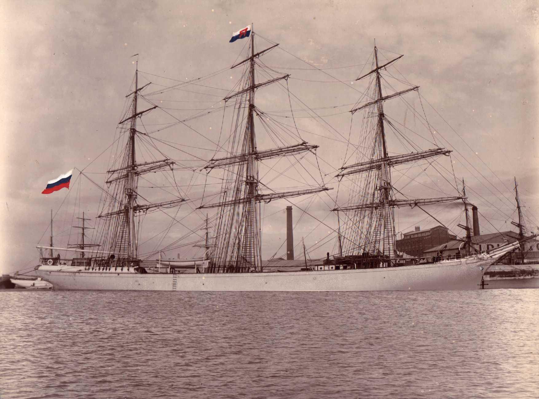 Barque, "Yarkand", built in 1877 at Barrow by Barrow Shipbuilding Co.  Owned by  E Bates & Sons.
Official Number:  76483
Tonnage:  1352 gross
Dimensions:  length 222', breadth 37', draught 22'
Port Of Registry:  Liverpool