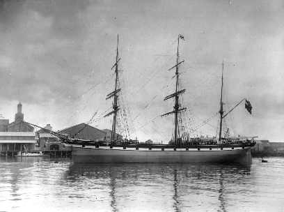 Barque "Myrtle Holme", built in 1875 at Sunderland by Bartram Hastwell & Co.  Began as a full rigged iron ship, later became a barque.  A unit of the famous Holme line.  She was sold into Norway in 1908 and renamed "Glint".  Under that name she was torped