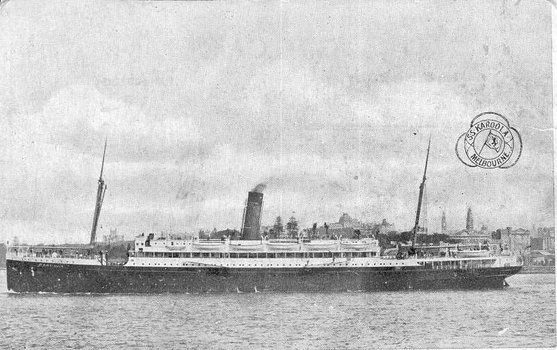 Passenger vessel "Karoola", built by Harland & Wolff, Belfast in 1909.  F.V.  Sydney, Melbourne, Adelaide, Albany and Fremantle, 25 September 1909.  The vessel was requisitioned as a troopship in May 1915; converted  to a hospital  ship three months later