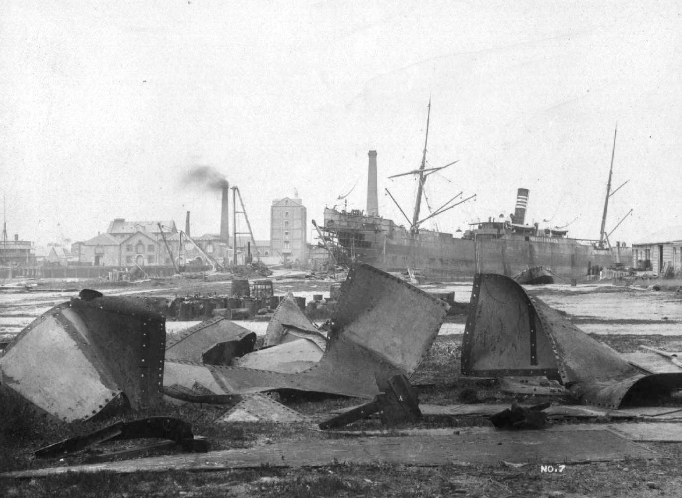 This image shows the vessel's bow plates damaged after an explosion in her fore peak on 7 September 1893.