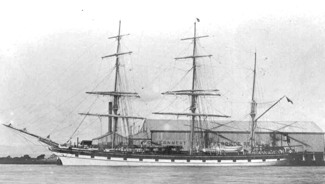 Barque "Myrtle Holme", built in 1875 at Sunderland by Bartram Hastwell & Co.  Began as a full rigged iron ship, later became a barque.  A unit of the famous Holme line.  She was sold into Norway in 1908 and renamed "Glint".  Under that name she was torped