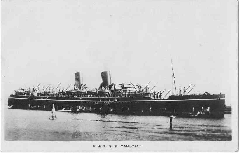 Passenger vessel "Maloja", built in 1923 by Harland & Wolff, Belfast.  She took her maiden voyage on 18 January 1924 from London to Sydney.  In 1954 the vessel was sold to the British steel corporation's ship breakers.
Base Port:  London
Tonnage:  20837