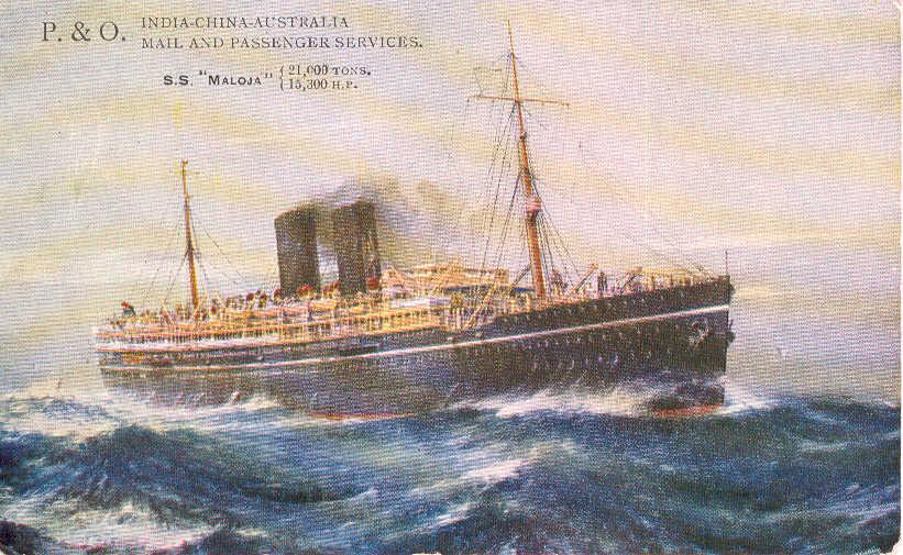 Passenger vessel "Maloja", built in 1923 by Harland & Wolff, Belfast.  She took her maiden voyage on 18 January 1924 from London to Sydney.  In 1954 the vessel was sold to the British steel corporation's ship breakers.
Base Port:  London
Tonnage:  20837