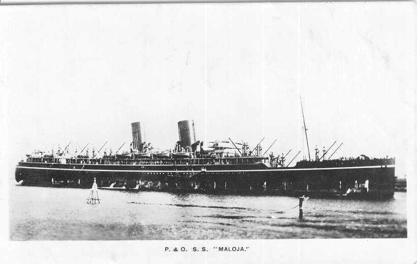 Passenger vessel "Maloja", built in 1923 by Harland & Wolff, Belfast.  She took her maiden voyage on 18 January 1924 from London to Sydney.  In 1954 the vessel was sold to the British steel corporation's ship breakers.
Base Port:  London
Tonnage:  20837