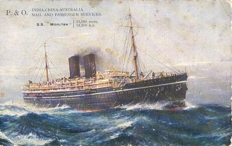 Passenger Vessel "Mooltan", launched on 15 - 2 - 1923 and completed in September 1923.  Built by Harland 7 wolff Ltd, Belfast, Northern Ireland.  She took her maiden voyage on 21 December 1923 from London to Sydney.
Base port:  London
Gross Tonnage:  In