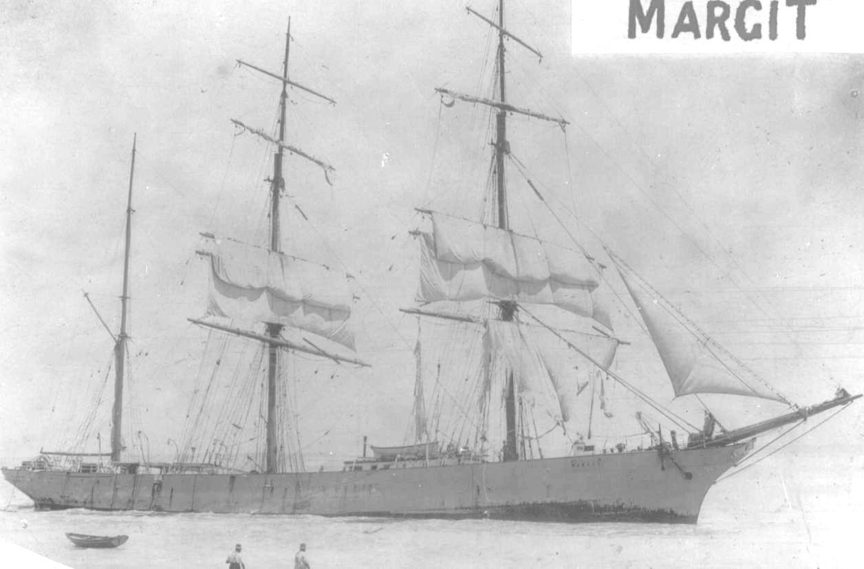 Steel Barque "Margit", ex "Craiglands", built in 1891 by C.J. Bigger - Londonderry.  Owned by Acties Margith and managed by Chr. Nielsen & Co.  The vessel went ashore on the Coorong Beach 34 miles north of Kingston on December 11 , 1911 and became a total