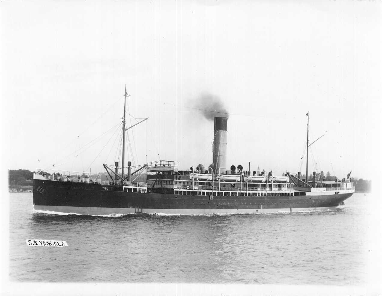 S.S. "Yongala", passenger vessel, built in 1903 in Newcastle, U.K., by Armstrong Whitworth & Co.  Vessel was employed in interstate passenger service from 1903 until 1911.  She was owned by Adelaide Steamship Co, and was lost in a cyclone in Queensland in