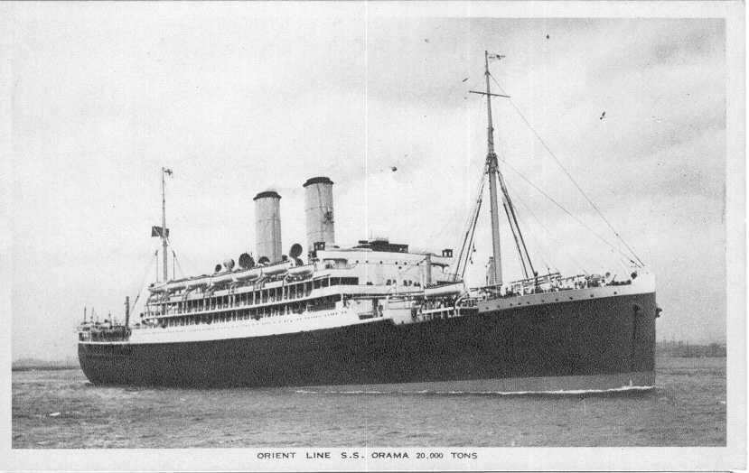 Passenger vessel "Orama", launched on 20-5-1924 by Miss Cook, and completed in October 1924.  Built by Vickers-Armstrong Ltd, Barrow-In-Furness, England.  Owned by Orient Line, she took her inaugural voyage on 15 November 1924 from London - Brisbane.  Ves