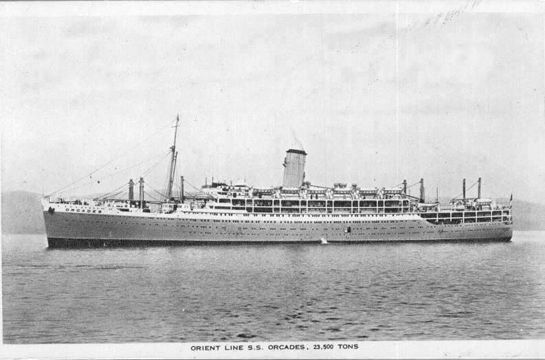 Passenger Vessel "Orcades", built by Vickers Armstrong in Barrow-In-Furness, England and launched on 1 December 1936 by Mrs I.C. Geddes.  Vessel was completed in July 1937 and had her inaugural voyage on 9 December 1937 from London - Brisbane.
Base port:
