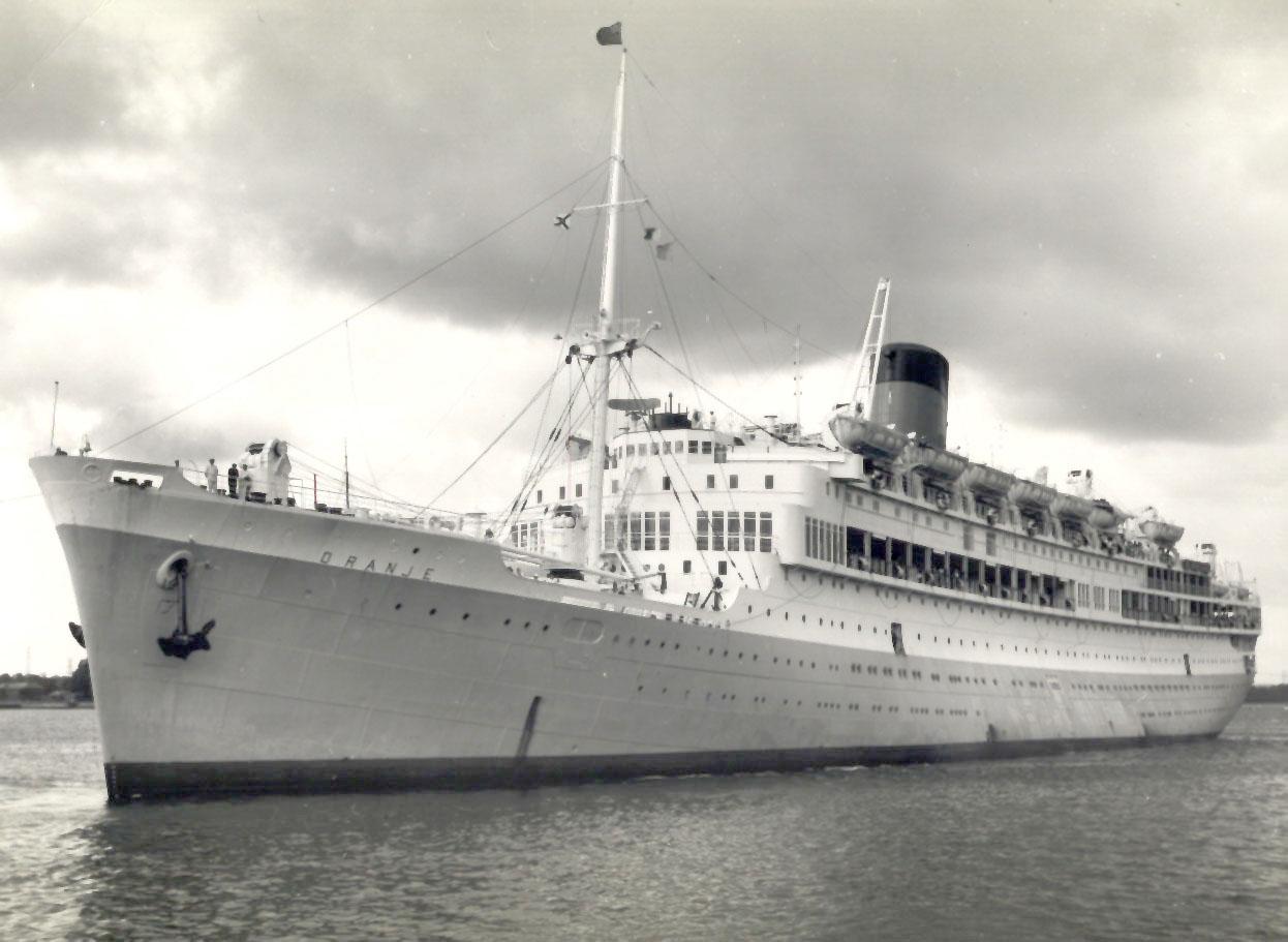 ORANJE Passenger vessel "Oranje", built by Nederlandsche Scheepsbouw Maatschappij, Amsterdam, Netherlands. Vessel was launched on 8 September 1938 by H.M. Queen Wilhelmina and completed in July 1939. She took her inaugural voyage on 4 September 1939 from Amste