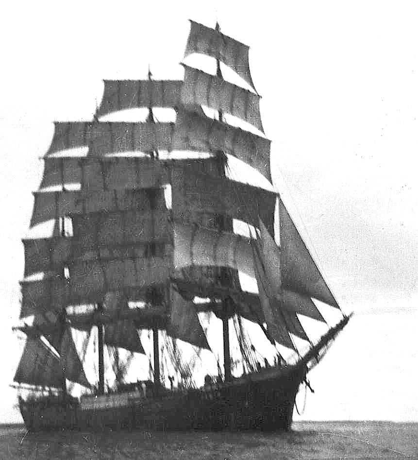 This image shows vessel in full sail leaving Port Victoria, SA with "S.V. Passat" in background, 1949.