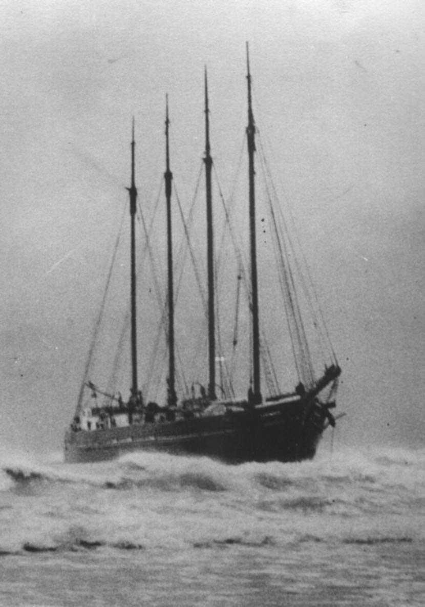 "Kermandie", the last four masted sailing ship to trade in Australian waters.  Built in 1920 by CM McKay of Hobart.  An auxilliary engined wooden schooner with a gross tonnage of 343.  This well known Tasmanian worked continuously until about 1946, often 