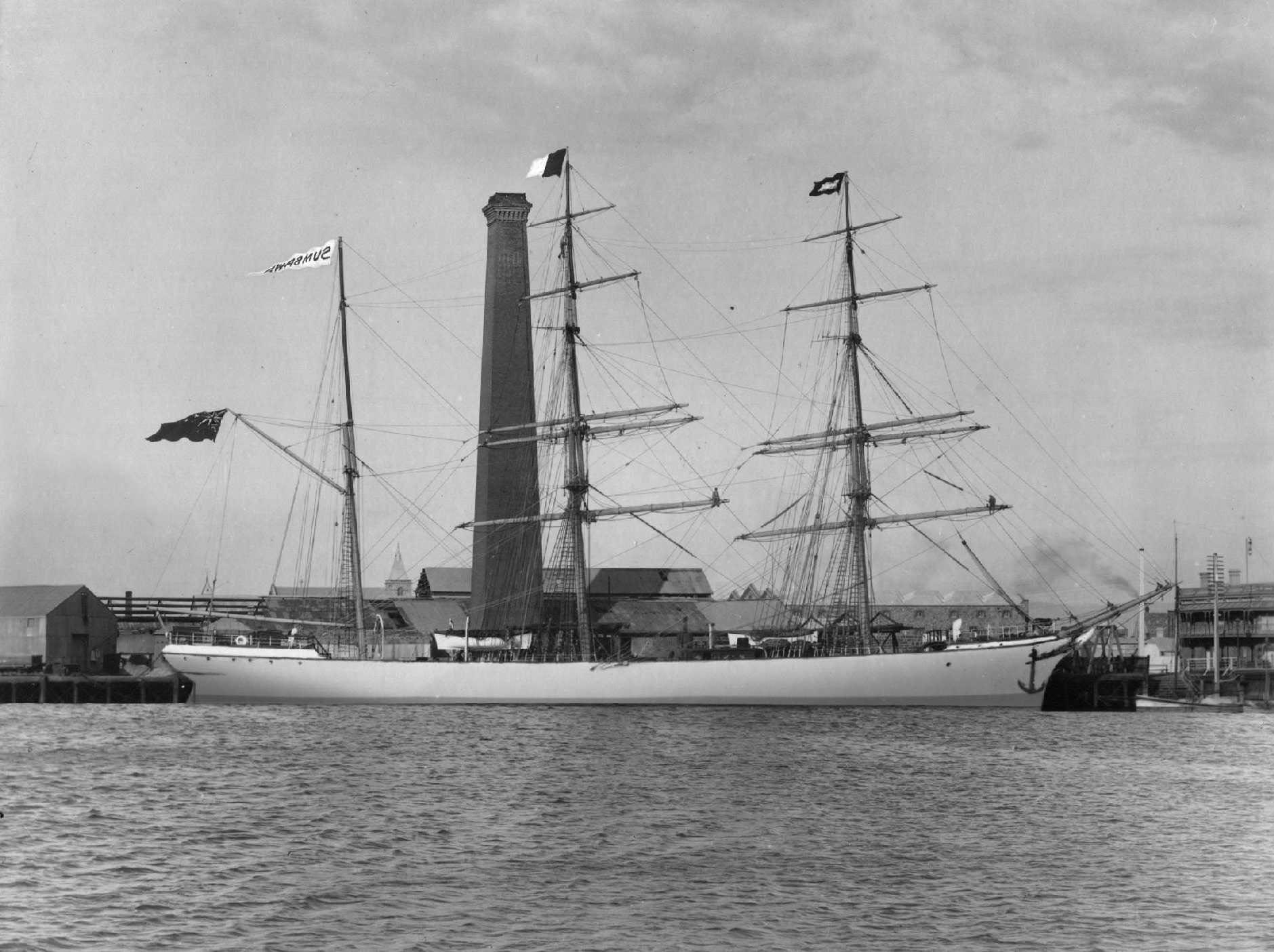 Barque "Sumbawa", built in 1885 at Glasgow by Russel & Co.
Official Number:  87420
Tonnage:  1147 gross
Dimensions:  Length 215', breadth 35', draught 21'