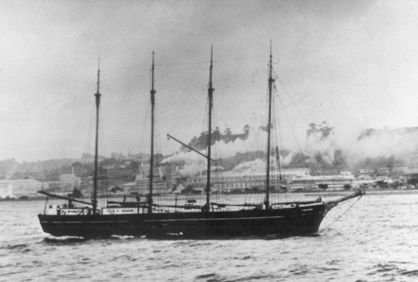 "Kermandie", the last four masted sailing ship to trade in Australian waters.  Built in 1920 by CM McKay of Hobart.  An auxilliary engined wooden schooner with a gross tonnage of 343.  This well known Tasmanian worked continuously until about 1946, often 