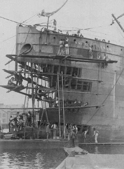 This image shows the vessel's bow plates damaged after an explosion in her fore peak on 7 September 1893.