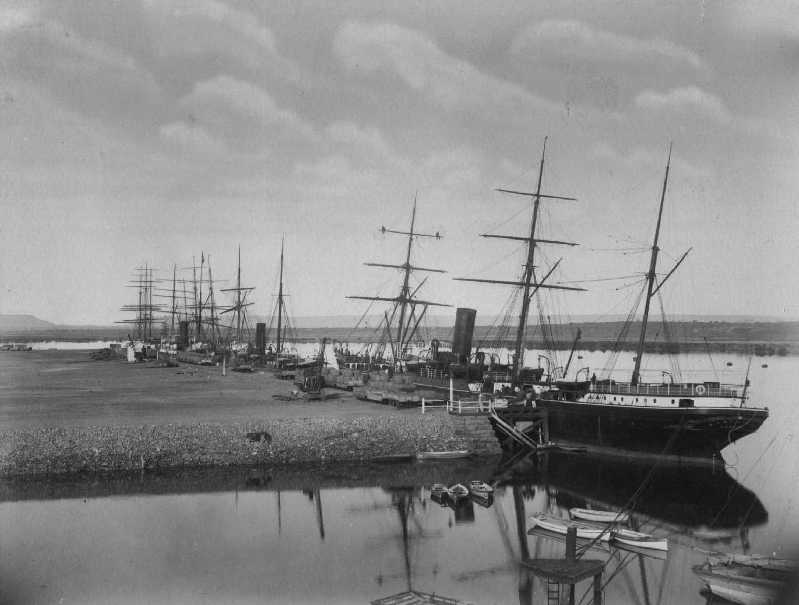 Barque "Rohilla" built in 1865 by A Stephen & Sons - Glasgow.  Owned by L.F. Mathies & Co.  Master - P Breckwoldt.
Tonnage:  985 comp.
Dimensions:  length 201'0", breadth 33'2", draught 20'5"
Port Of Registry:  Hamburg

Iron Barque "Oriana", built in