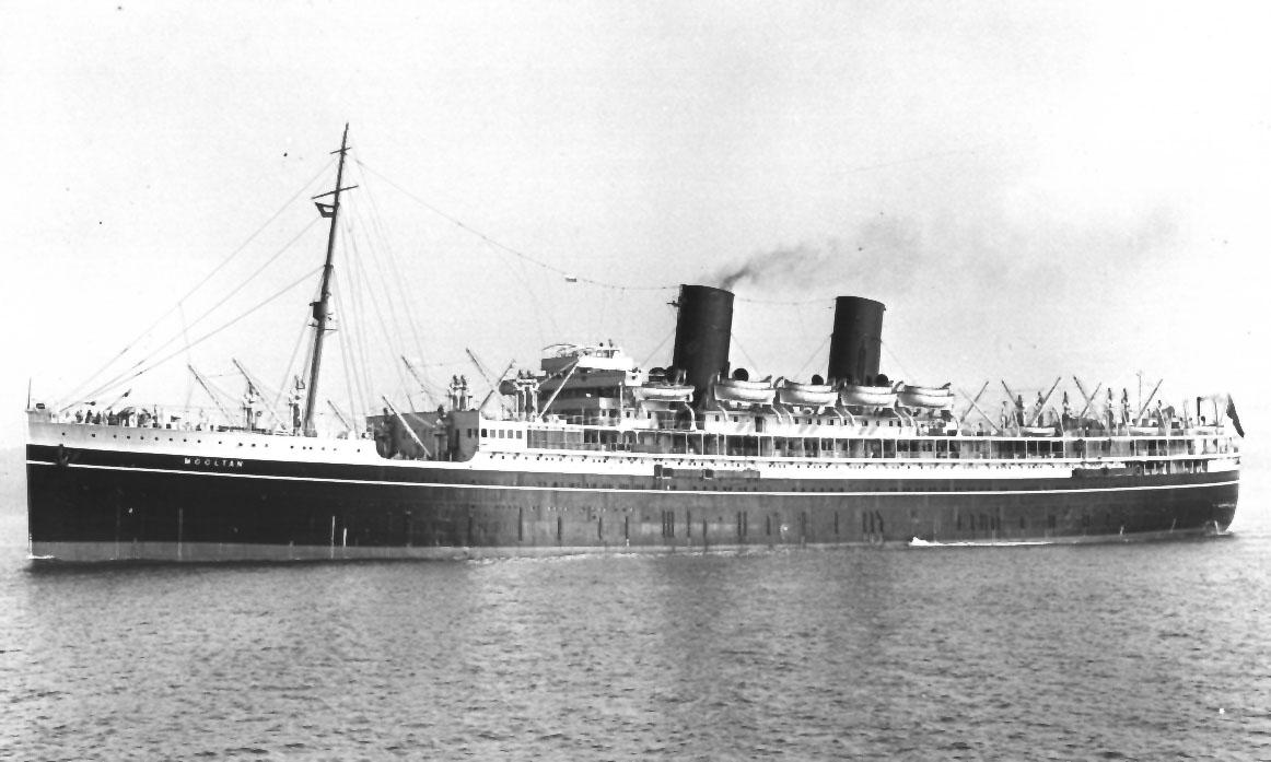 Passenger Vessel "Mooltan", launched on 15 - 2 - 1923 and completed in September 1923.  Built by Harland 7 wolff Ltd, Belfast, Northern Ireland.  She took her maiden voyage on 21 December 1923 from London to Sydney.
Base port:  London
Gross Tonnage:  In