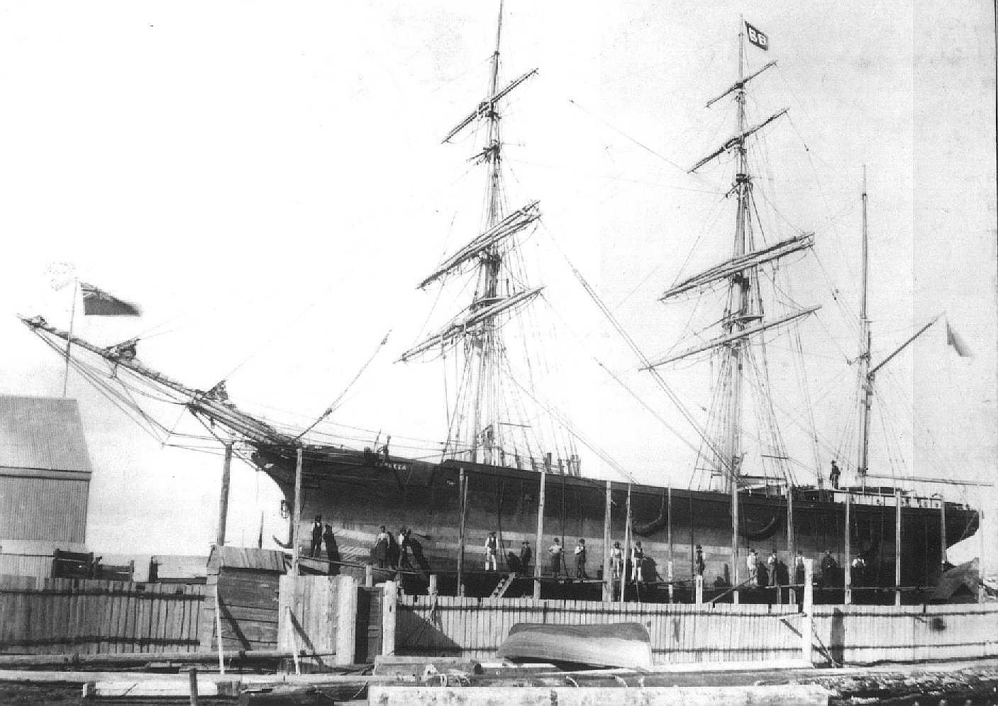 Composite 3 masted Barque built in 1865.
This image shows vessel on Jenkins Slip, Birkenhead, Port Adelaide.