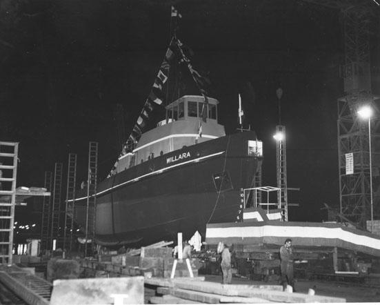 WILLARA Tug "Willara", built in 1962 by Adelaide Ship Construction Ltd. Owned by Waratah Tug & Salvage Co Pty Ltd.
Official Number: 316109
Tonnage: 242
Dimensions: length 105'10", breadth 28'2", draught 12'.5"
Port Of Registry: Sydney
Flag: British