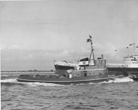 Tug "Willara", built in 1962 by Adelaide Ship Construction Ltd.  Owned by Waratah Tug & Salvage Co Pty Ltd.

Official Number:  316109
Tonnage:  242
Dimensions:  length 105'10", breadth 28'2", draught 12'.5"
Port Of Registry:  Sydney
Flag:  British
