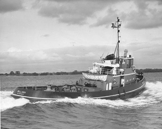 WILLARA Tug "Willara", built in 1962 by Adelaide Ship Construction Ltd. Owned by Waratah Tug & Salvage Co Pty Ltd.
Official Number: 316109
Tonnage: 242
Dimensions: length 105'10", breadth 28'2", draught 12'.5"
Port Of Registry: Sydney
Flag: British