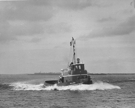 Tug "Willara", built in 1962 by Adelaide Ship Construction Ltd.  Owned by Waratah Tug & Salvage Co Pty Ltd.

Official Number:  316109
Tonnage:  242
Dimensions:  length 105'10", breadth 28'2", draught 12'.5"
Port Of Registry:  Sydney
Flag:  British
