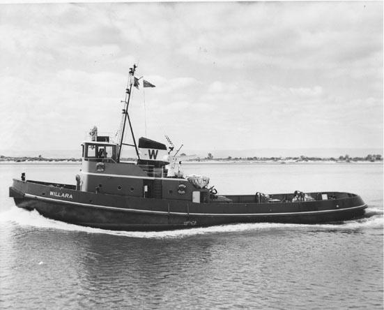 WILLARA Tug "Willara", built in 1962 by Adelaide Ship Construction Ltd. Owned by Waratah Tug & Salvage Co Pty Ltd.
Official Number: 316109
Tonnage: 242
Dimensions: length 105'10", breadth 28'2", draught 12'.5"
Port Of Registry: Sydney
Flag: British
