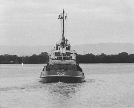 Tug "Willara", built in 1962 by Adelaide Ship Construction Ltd.  Owned by Waratah Tug & Salvage Co Pty Ltd.

Official Number:  316109
Tonnage:  242
Dimensions:  length 105'10", breadth 28'2", draught 12'.5"
Port Of Registry:  Sydney
Flag:  British
