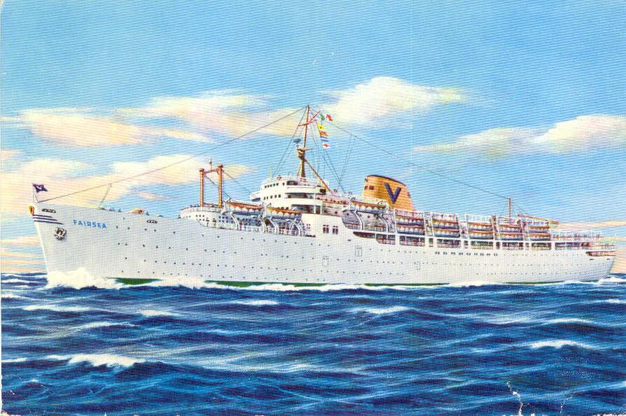 Passenger vessel "Fairsea", built in 1941 by Sun Shipbuilding & Drydock Co, Chester, PA, and launched as  a cargo liner "Rio De La Plata" for Moore-McCormack Line (United States).  Completed as an escort aircraft carrier "USS Charger".  Bought by Sitmar L