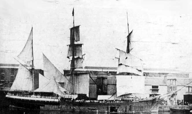 3 masted Barque "Glen Osmond", built in 1867 in Sunderland by J Laing.  This vessel was a full rigged ship for a few years then changed to Barque rig.  Owned by the W.G. Elder -  Elder line, she was a sister ship of the "Torrens" and "Collingwood".  

O