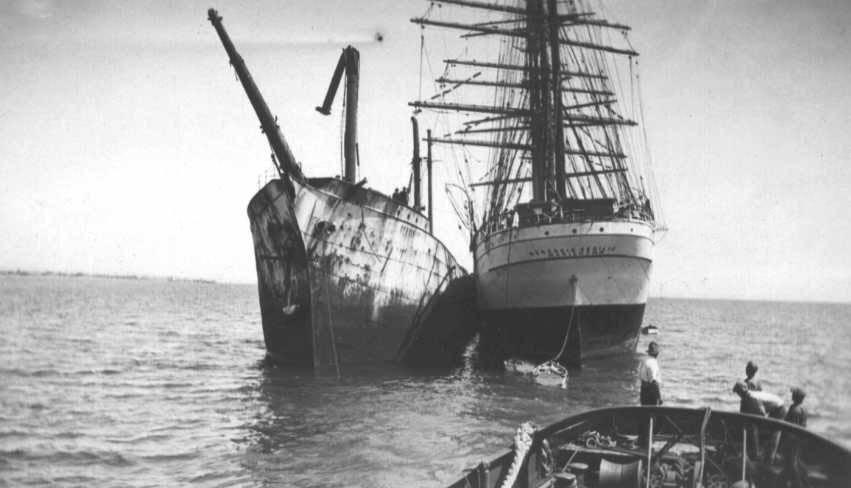 Under tow together.

4 masted Barque "Herzogin Cecilie", built in 1902 at Bremerhaven by Rickmers for Norddeutscher Lloyd.  Built as a training ship, she had an enormous poop of 194' and carried a big spread of canvas.  She was steered from a midships w