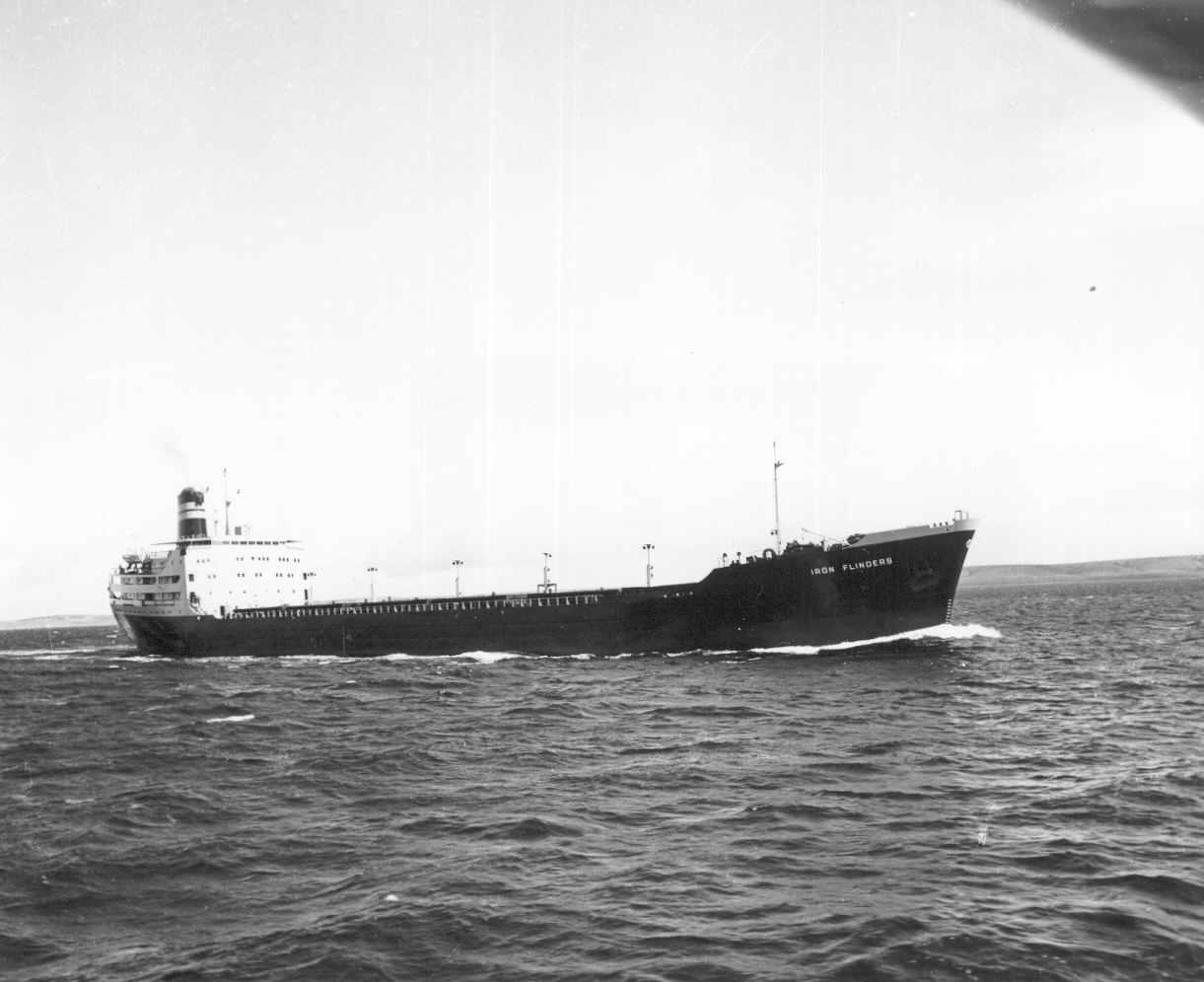 S.S. "Iron Flinders", gross tonnage 14309.  Built in Whyalla by BHP in 1959.  Owned by BHP and employed in the steel trades as a bulk carrier from 1959 until 1977. Sold to Ship breakers in Hong Kong.  Official number 196774.
Port of Registry:  Melbourne
