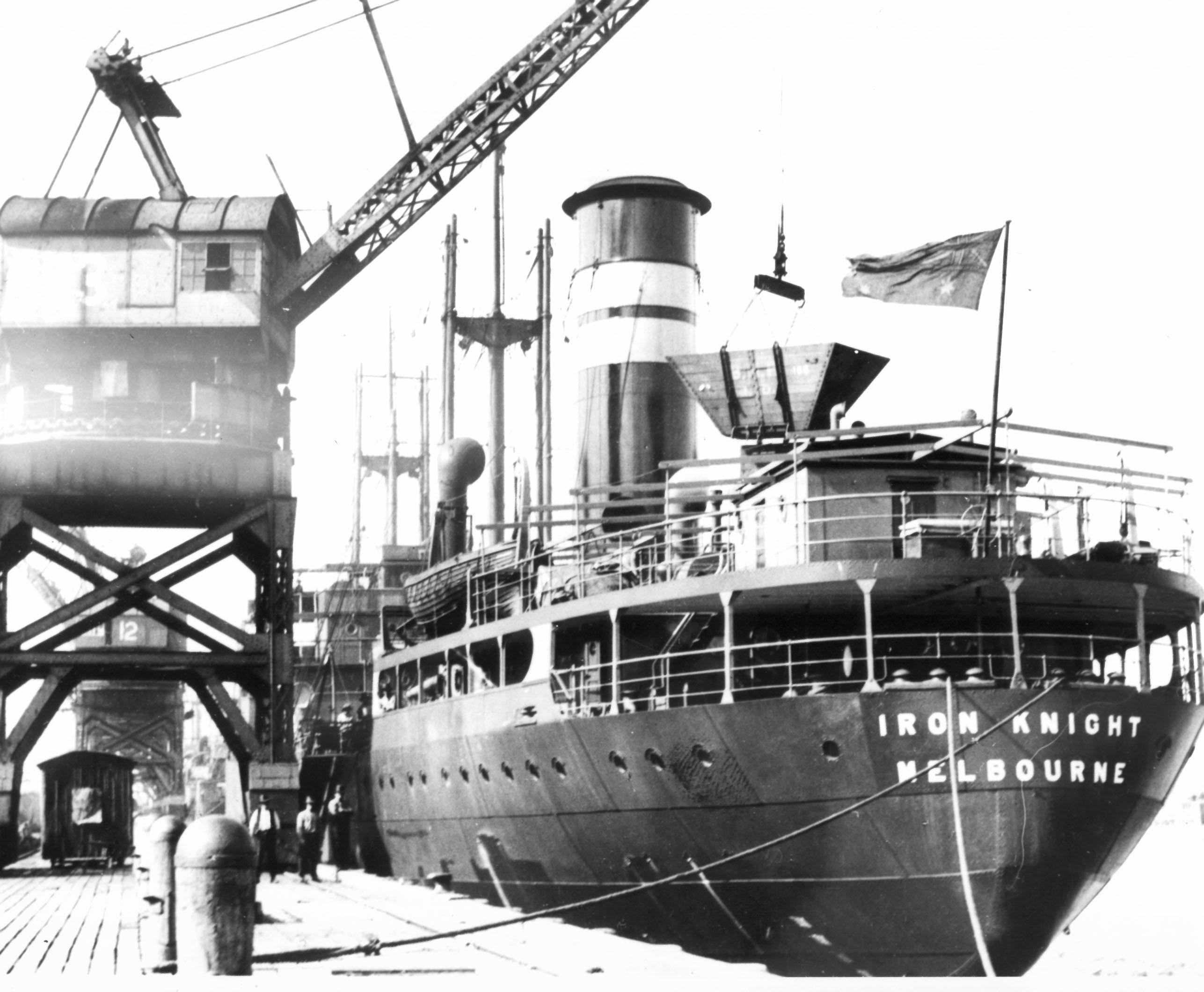 "Iron Knight", built in 1937 by Lithgows Ltd - Port Glasgow.  Owned by BHP Co Ltd
Official Number:  159568
Dimensions:  length 404'5", breath 56'2", draught 23'2"
Port Of Registry:  Melbourne
Flag:  British
Tonnage:  4812 gross, 2737 net.