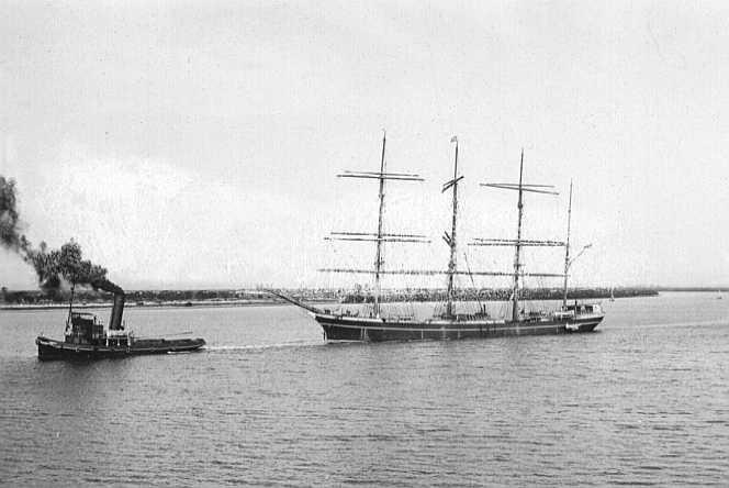 GARTHPOOL Under tow in the Port River, 6/3/1929. Taken on last visit to Australia. Wrecked Boa Vista, Cape Verde Islands 11 November 1929. Moonlight night in trades.