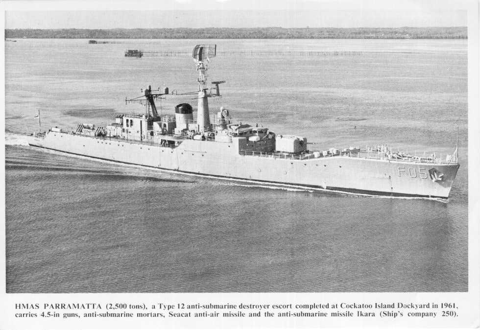 H.M.A.S "Parramatta", a type 12 anti submarine destroyer escort (ex frigates) river class completed at Cockatoo Island dockyard in 1961 after being laid down in 1957 and launched in 1959. Vessel carries 4.5-in guns in turret forward,one triple anti-submar