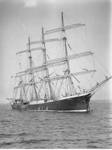 Barque at anchor.  Purchased by Capt. Gustav Erikson of Mariehemn in 1919 for the Australian grain trade.  She was seized as a war prize in 1942 by the South African Government and made several trips for them.  Sold after World War II to Portuguese owners