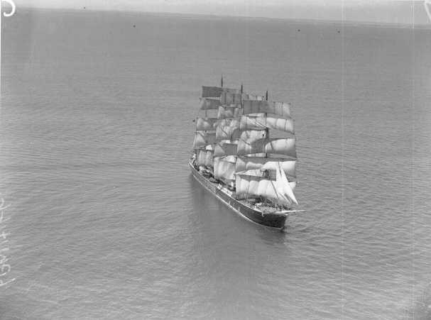 Barque at anchor.  Purchased by Capt. Gustav Erikson of Mariehemn in 1919 for the Australian grain trade.  She was seized as a war prize in 1942 by the South African Government and made several trips for them.  Sold after World War II to Portuguese owners