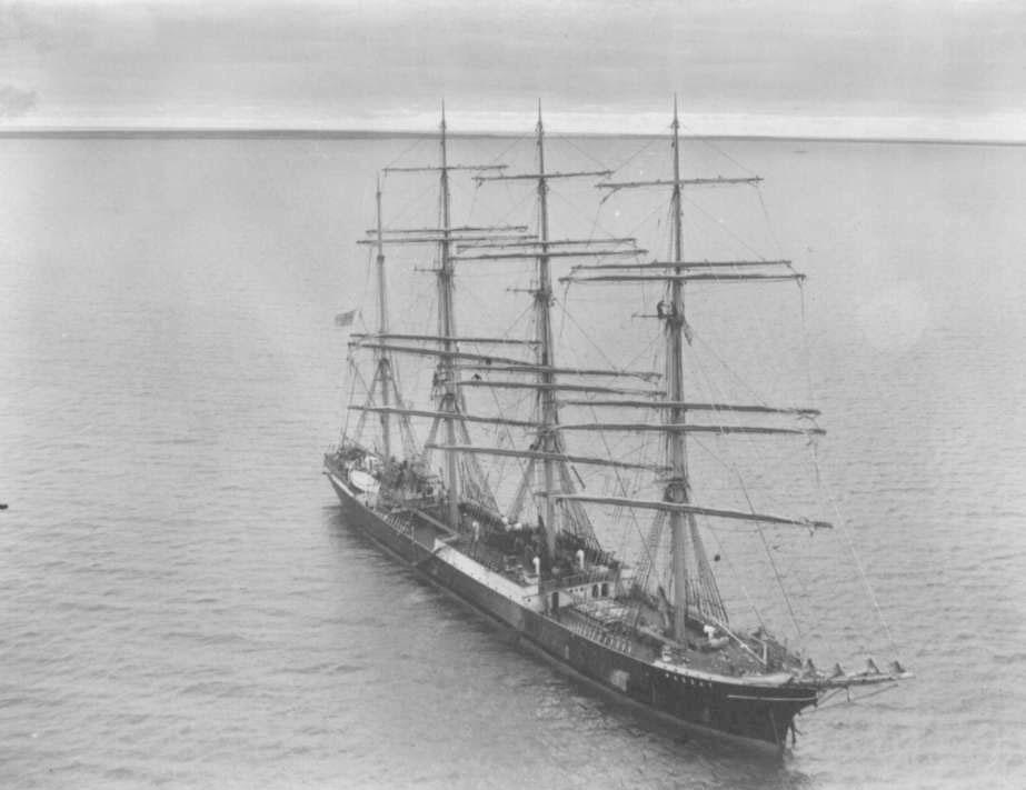 Barque at anchor.  Purchased by Capt. Erickson of Mariehamn, Finland, and used in the Australian grain trade.  She and "Pamir" were the last European owned sailing vessels to carry cargo from Australia: their last voyages were in 1949.  "Passat" is now a 