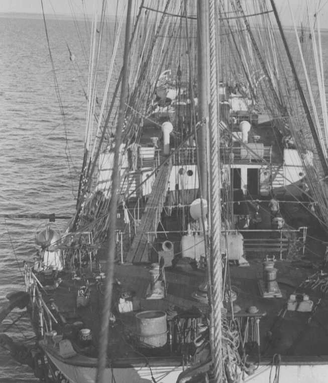 Barque from bowsprit looking aft over ship