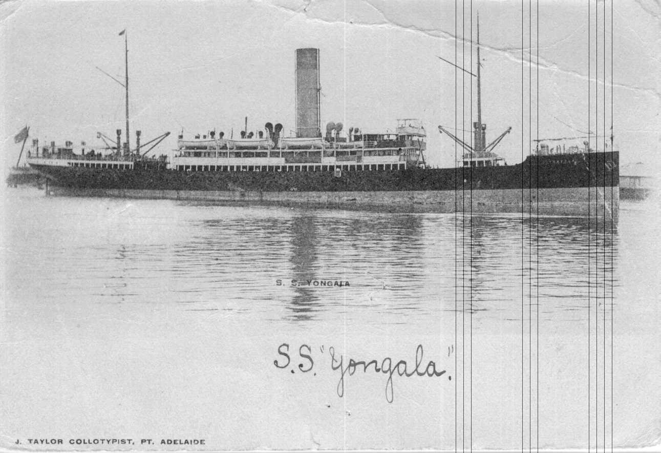 S.S. "Yongala", passenger vessel, built in 1903 in Newcastle, U.K., by Armstrong Whitworth & Co.  Vessel was employed in interstate passenger service from 1903 until 1911.  She was owned by Adelaide Steamship Co, and was lost in a cyclone in Queensland in