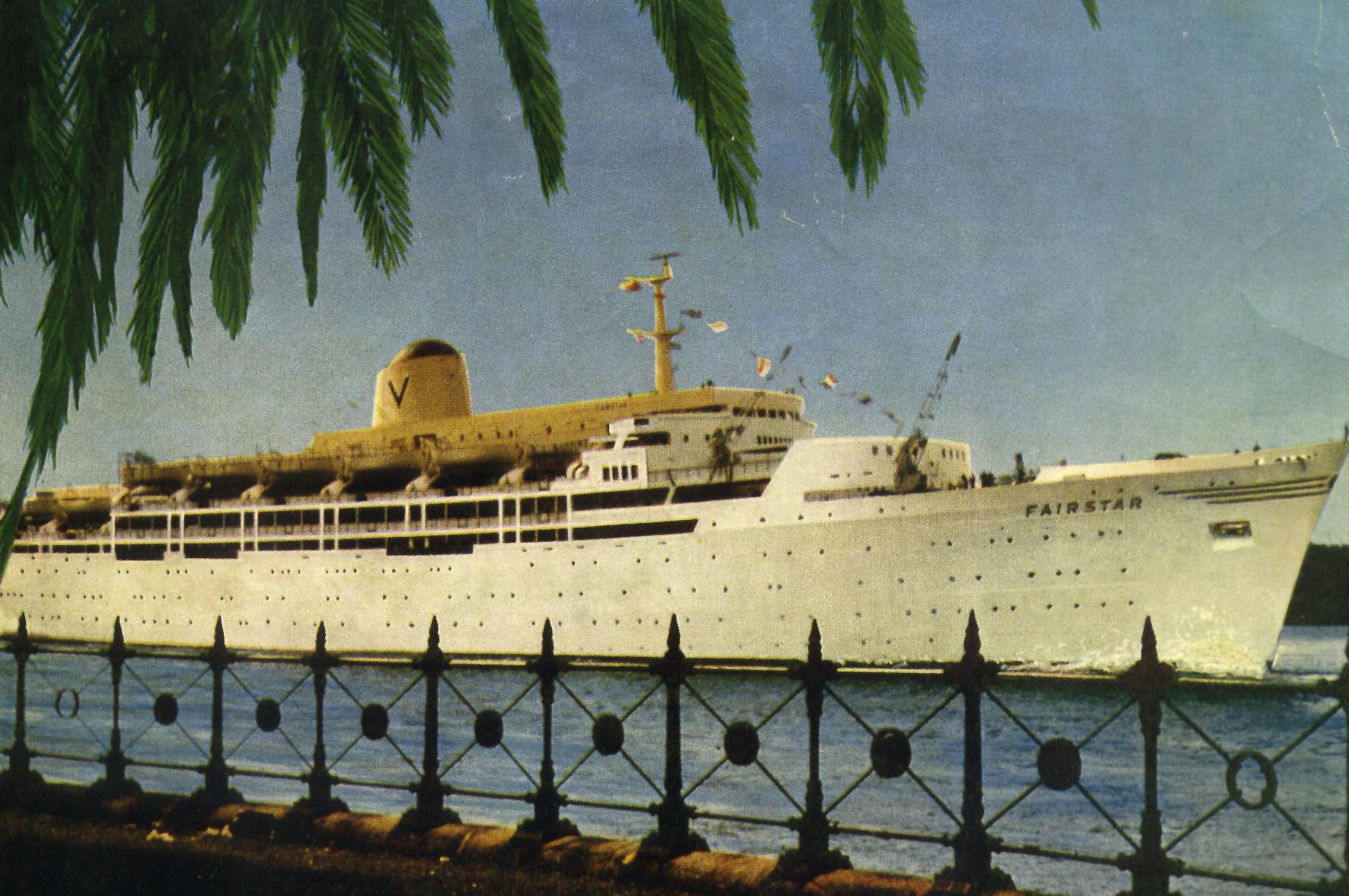 FAIRSTAR Passenger liner "Fairstar", built by Fairfield Shipbuilding & Engineering Co, Govan, Glasgow as troopship OXFORDSHIRE for Bibby Line (Great Britain). Government trooping charter cancelled December 1962; laid up in Falmouth. Bought by Sitmar Line and ref