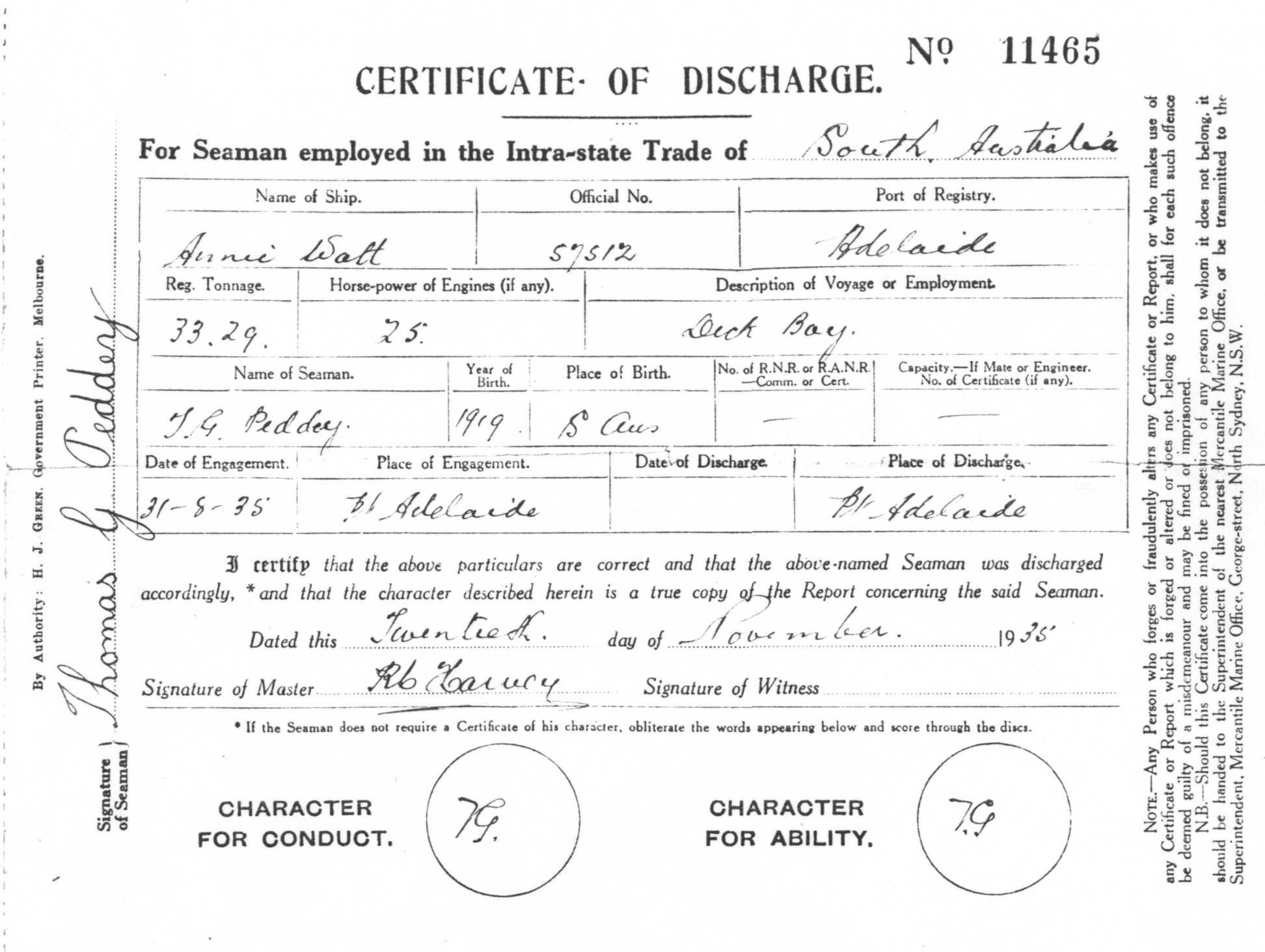 This image shows a certificate of discharge of T.G. Peddey from "Annie Watt" on 20 - 11 - 1935 by captain R.C. Harvey.